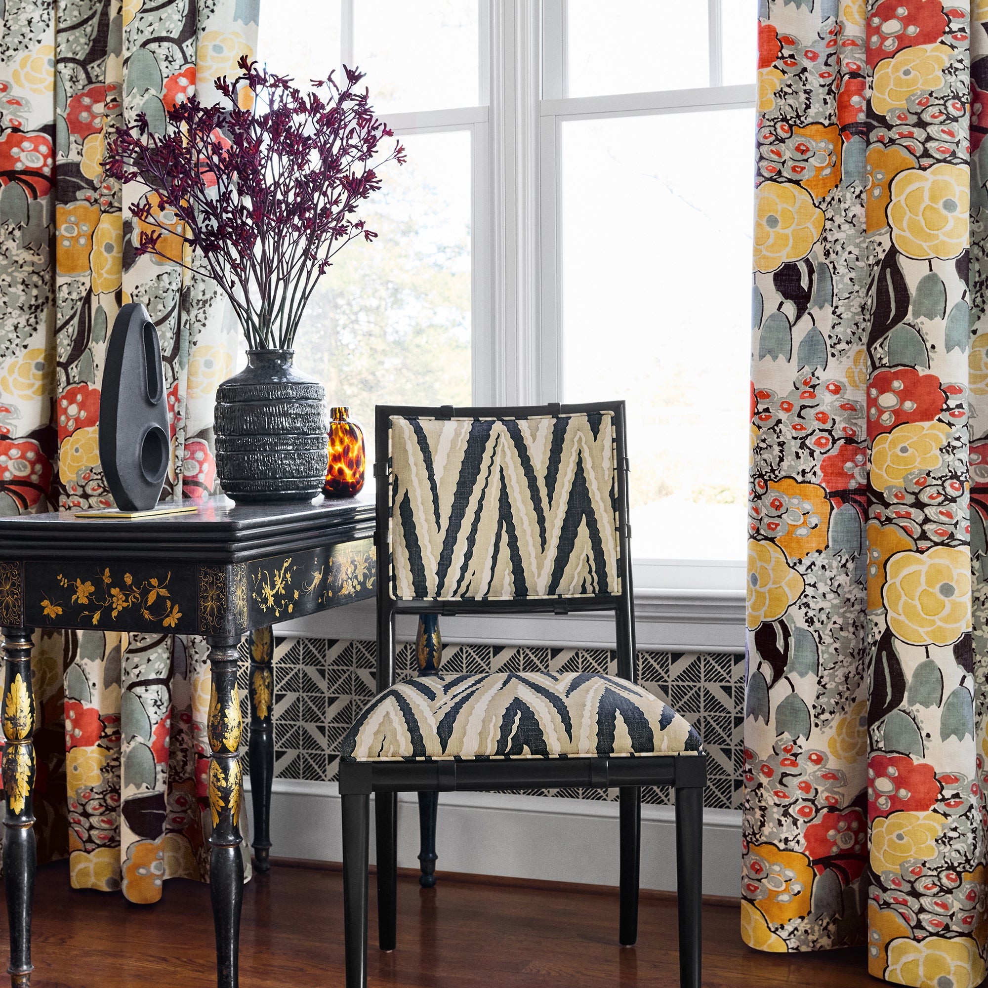 Wide view of Greenwich Dining Chair in Highland Peak printed fabric in Black - pattern number AF23139 - by Anna French