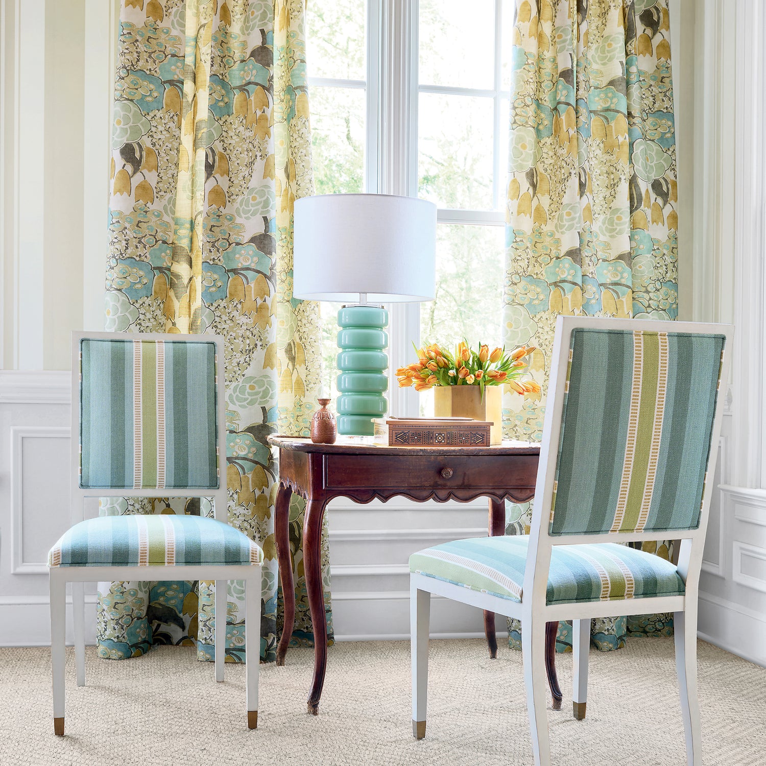 Lauderdale Dining Chairs in Dearden Stripe woven fabric in Turquoise and Green