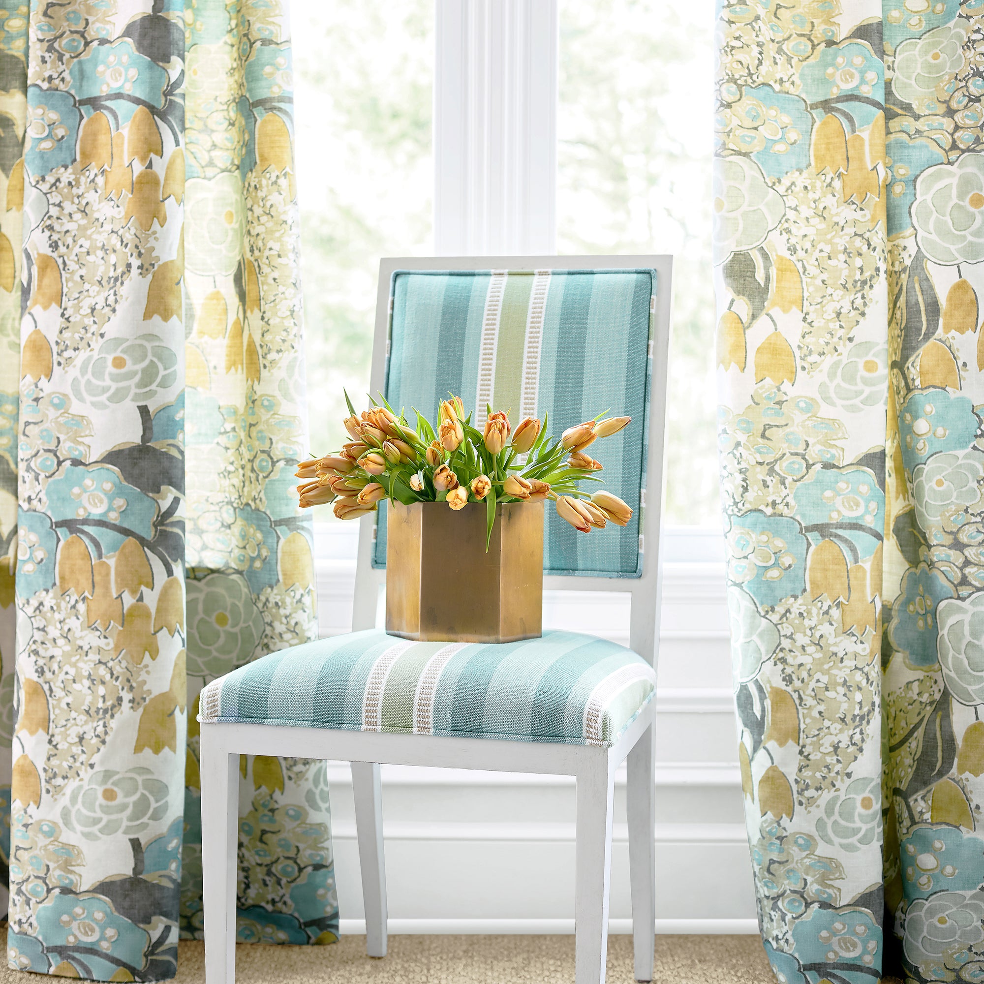 Lauderdale Dining Chair in Dearden Stripe woven fabric in Turquoise and Green - pattern number AW23152 - by Anna French