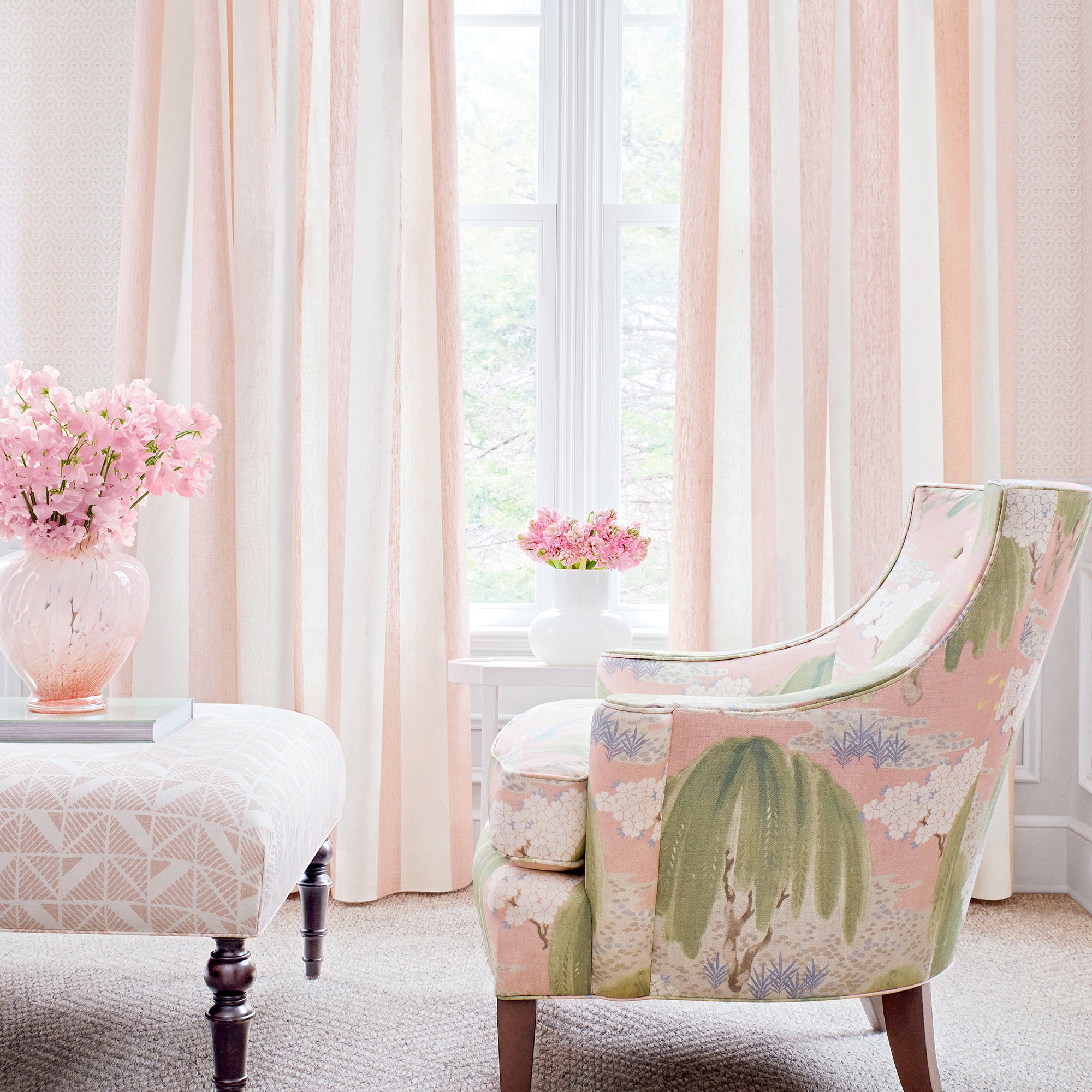 Side view of Emerson Chair in Willow Tree printed fabric in Blush