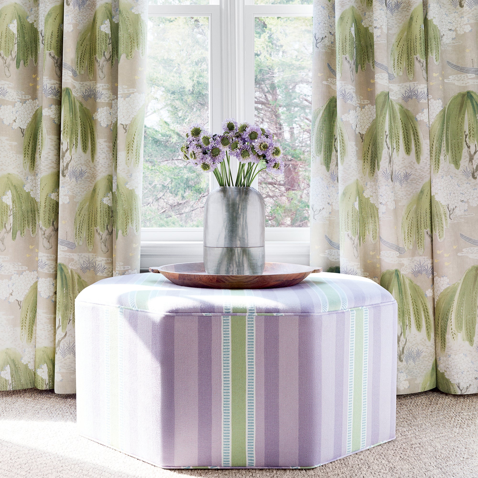 Octavio Ottoman in Dearden Stripe woven fabric in Lavender and Sage