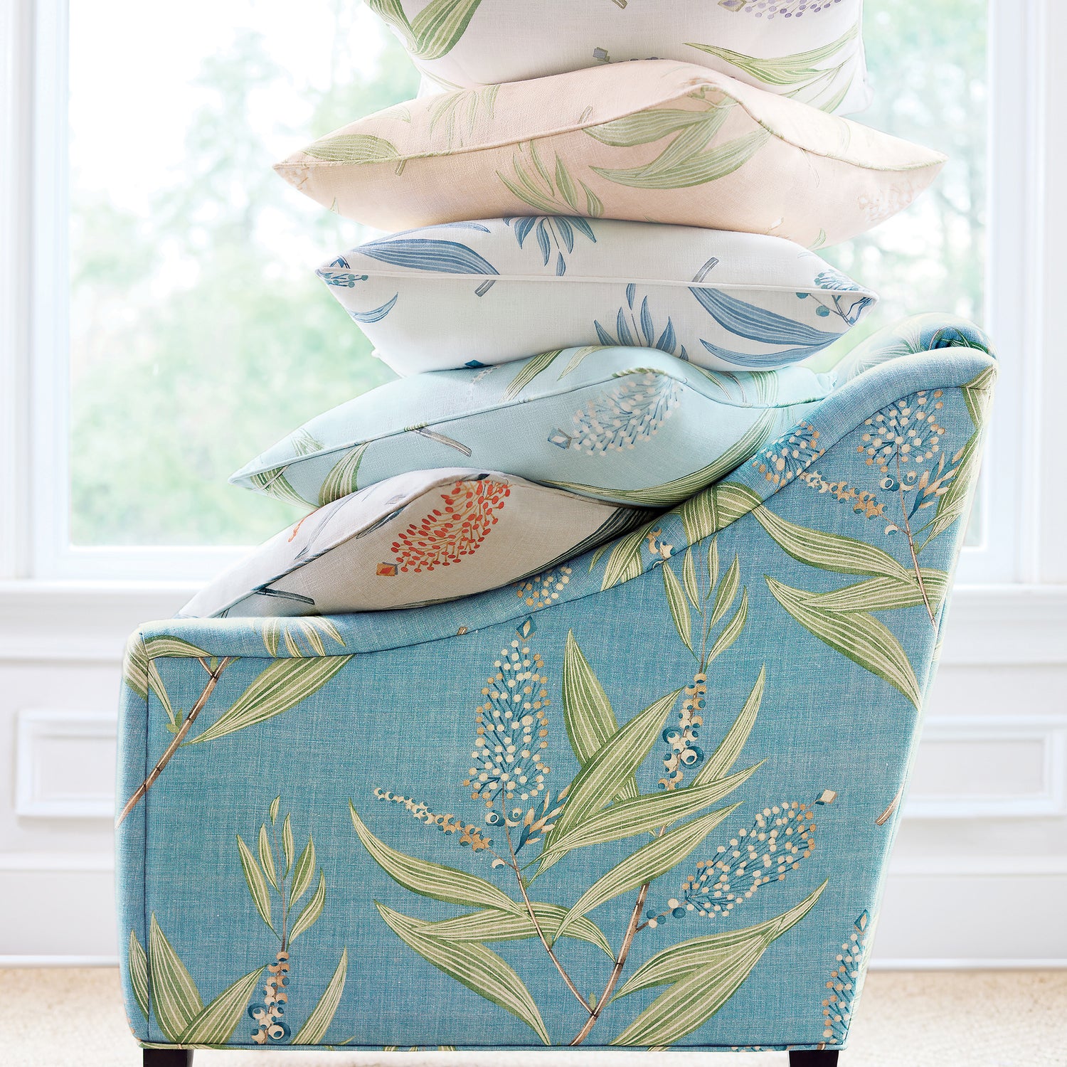Chair in Winter Bud printed fabric in teal color - pattern number AF23136 - by Anna French