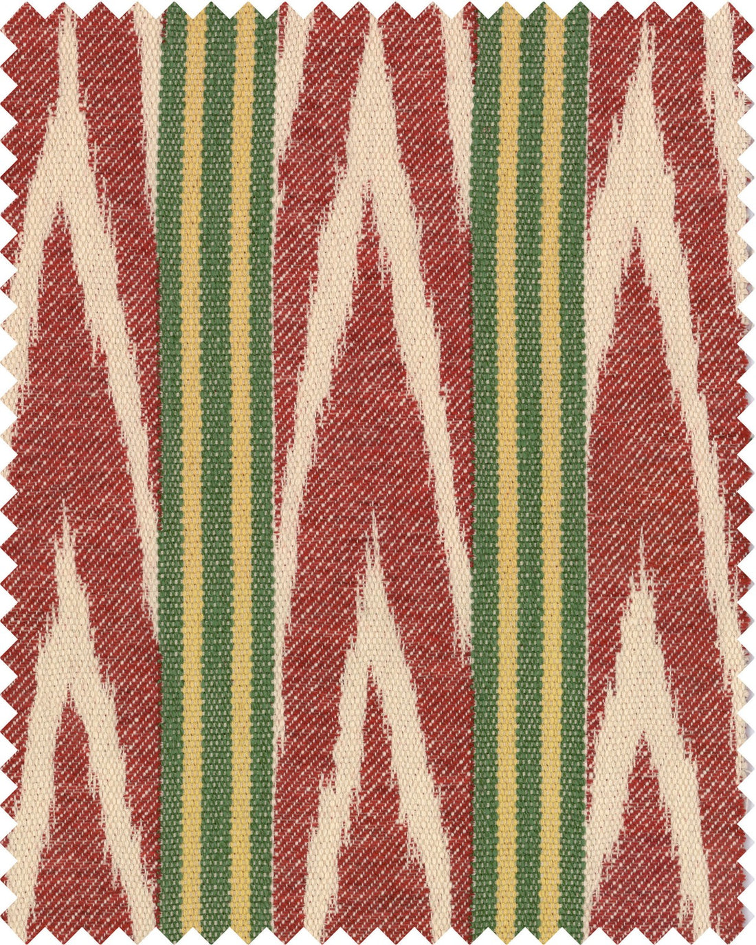 Bakhmal Ikat fabric in red green yellow taupe color - pattern number FB00082 - by Mind The Gap in the Woodstock collection