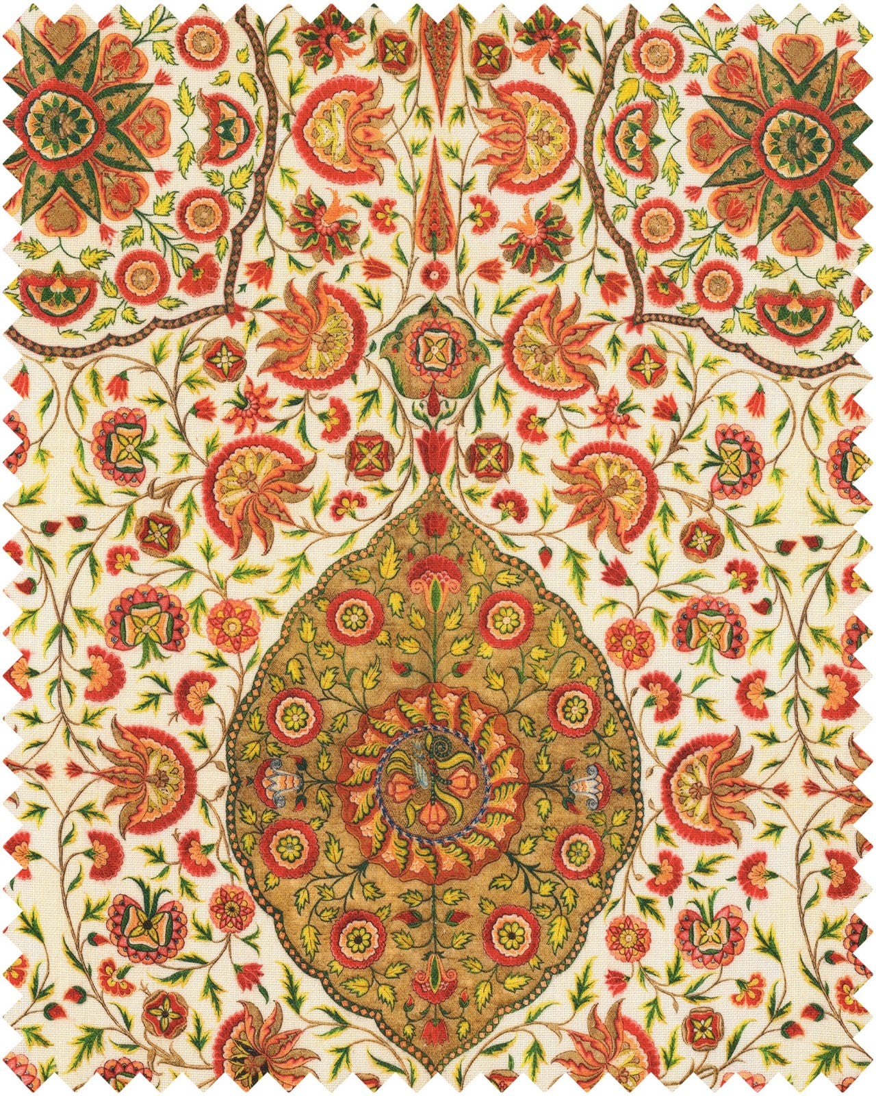 Csardas fabric in green white red taupe color - pattern number FB00043 - by Mind The Gap in the Transylvanian Roots collection