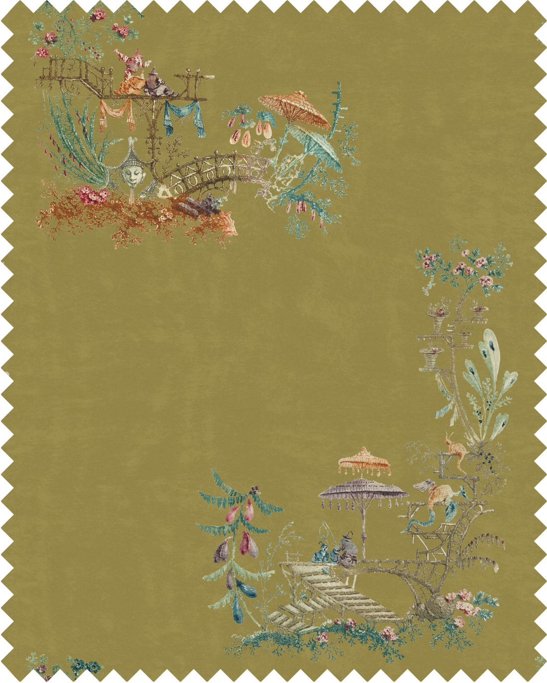 Chinoiserie Velvet fabric in green brown blue taupe color - pattern number FB00027 - by Mind The Gap in the Transylvanian Manor collection