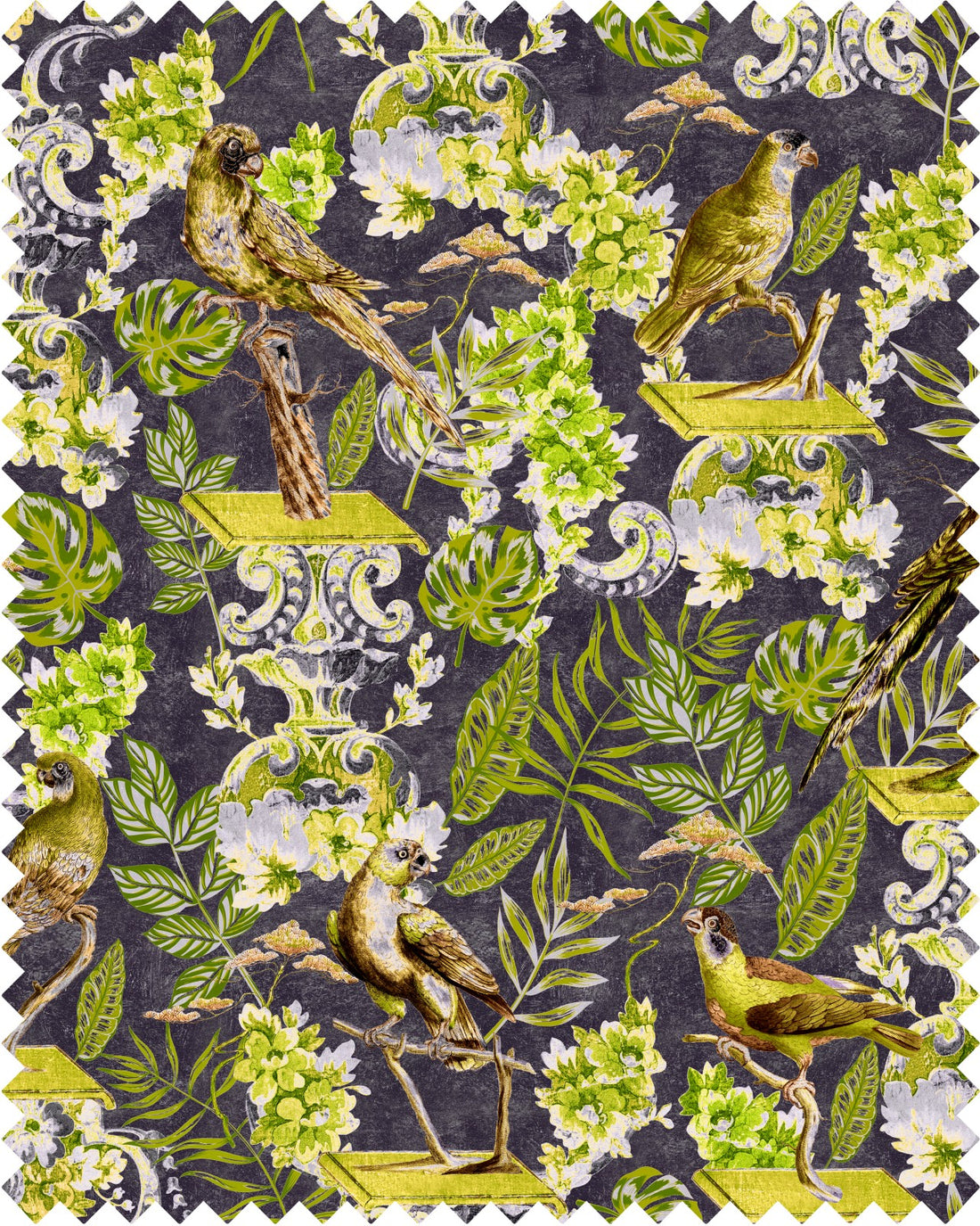 La Voliere Velvet fabric in anthracite green yellow brown color - pattern number FB00028 - by Mind The Gap in the Transylvanian Manor collection