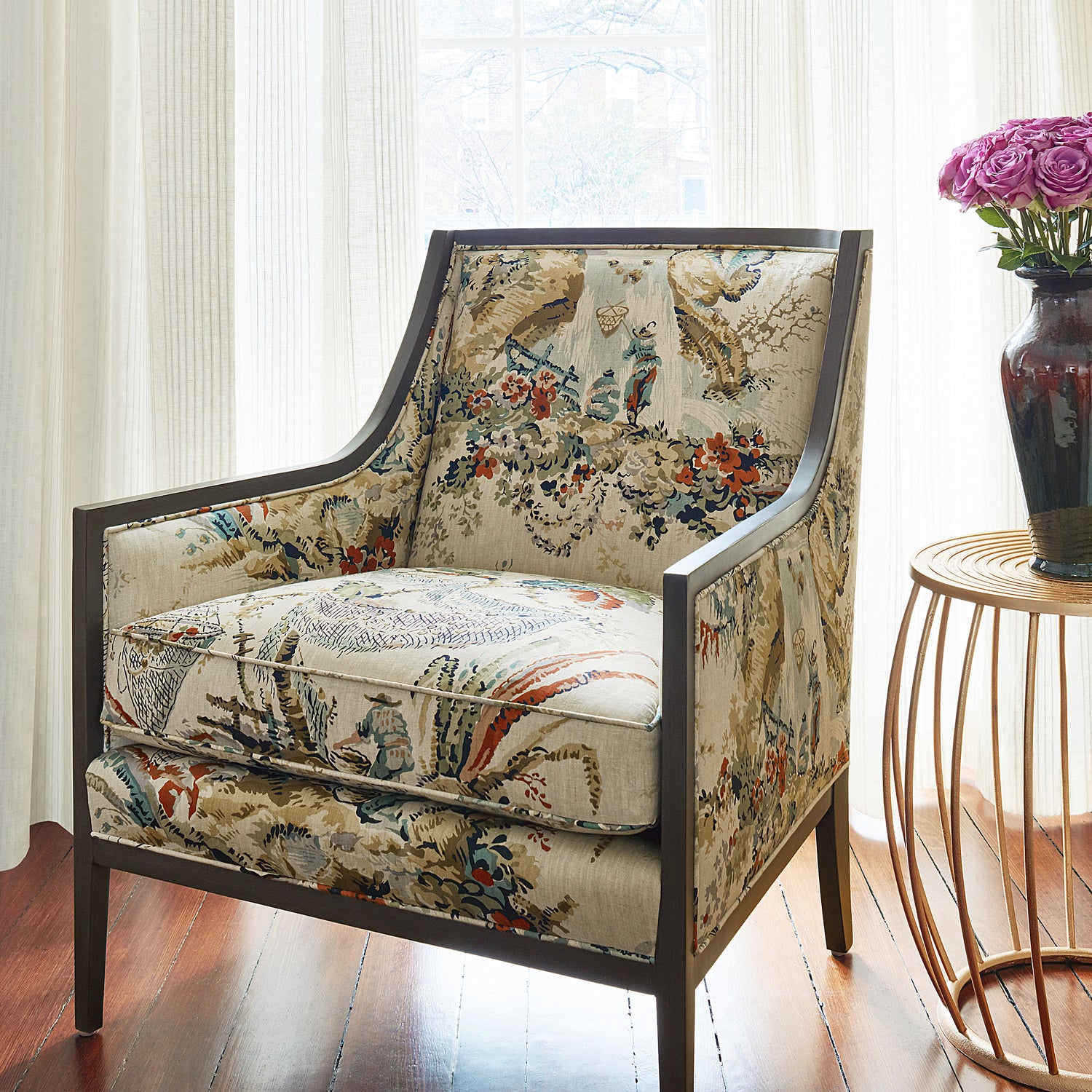 Second view of Pasadena Chair in Moorea printed fabric in Cream and Coral - pattern number AF72985