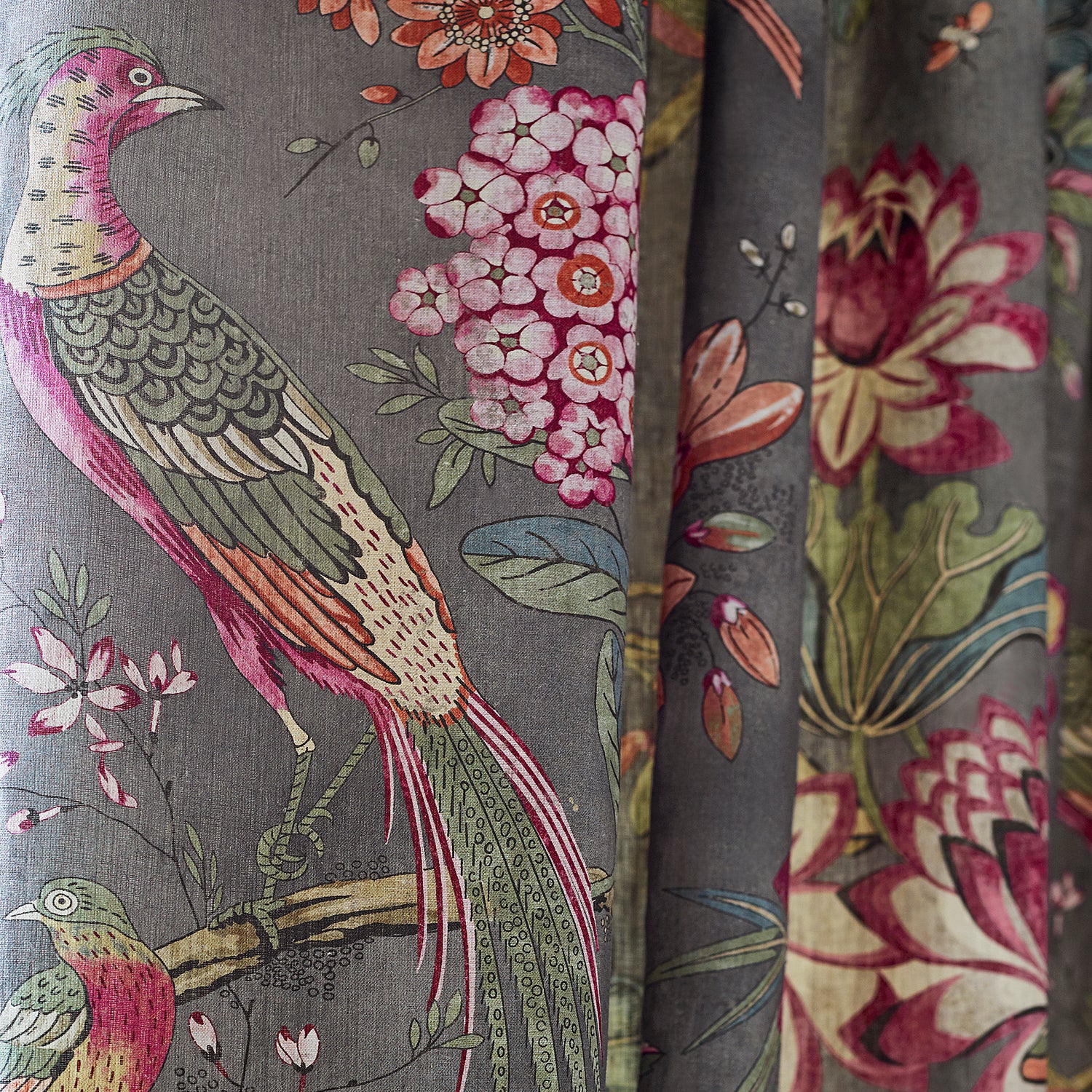 Closeup detail of draperies in Villeneuve printed fabric in Charcoal - pattern number AF72993